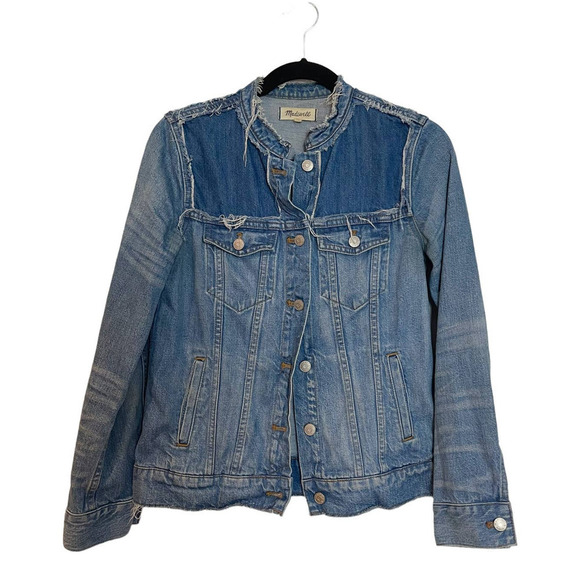 Madewell Distressed Collarless Denim Jackets Thunder Cloud Blue Women's Size M - Picture 3 of 11